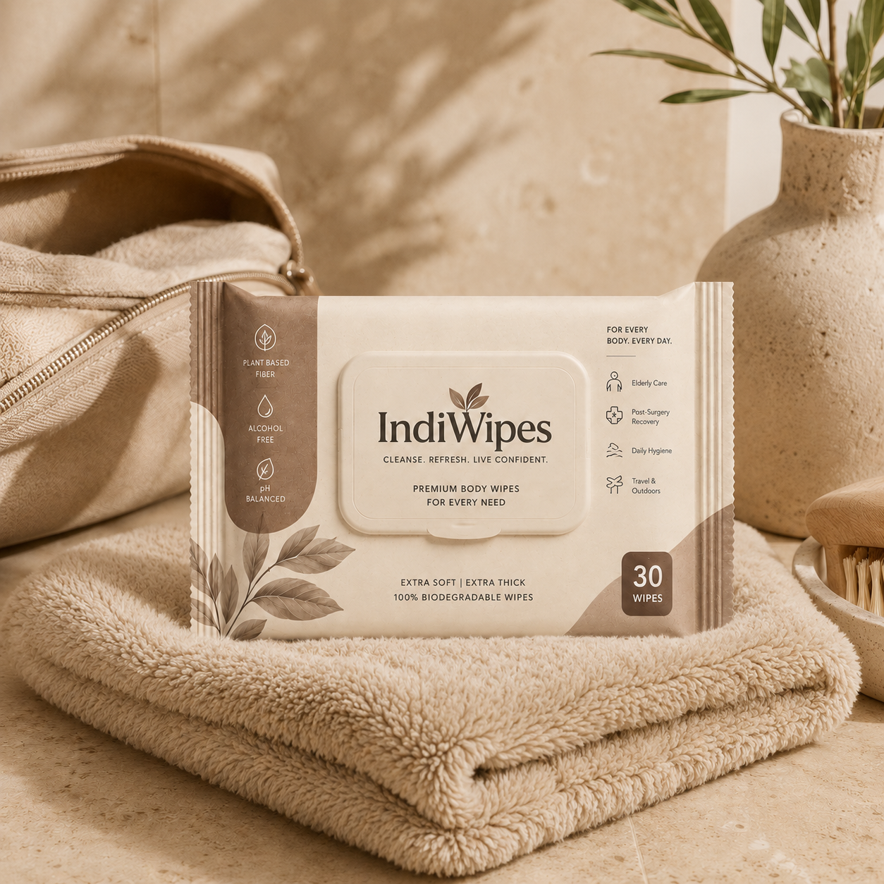 IndiWipes packaging on a towel with a plant and vase in the background